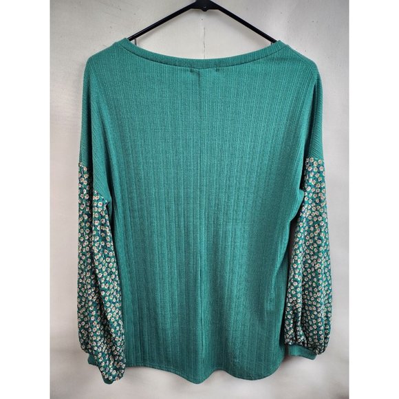 White Birch Green Floral Puff Sleeve Ribbed Knit BOHO Tunic Top Medium - Picture 7 of 8